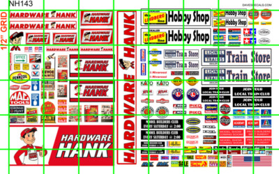 NH143 DAVE'S DECALS 1/2 Set N SCALE HARDWARE HANK HOBBY SHOP TRAIN STORE SIGNAGE