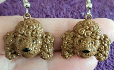 _Dog Poodle Brown Curly Hair Puppy Pup Drop Dangle Hook Earrings - Perfect Gift!