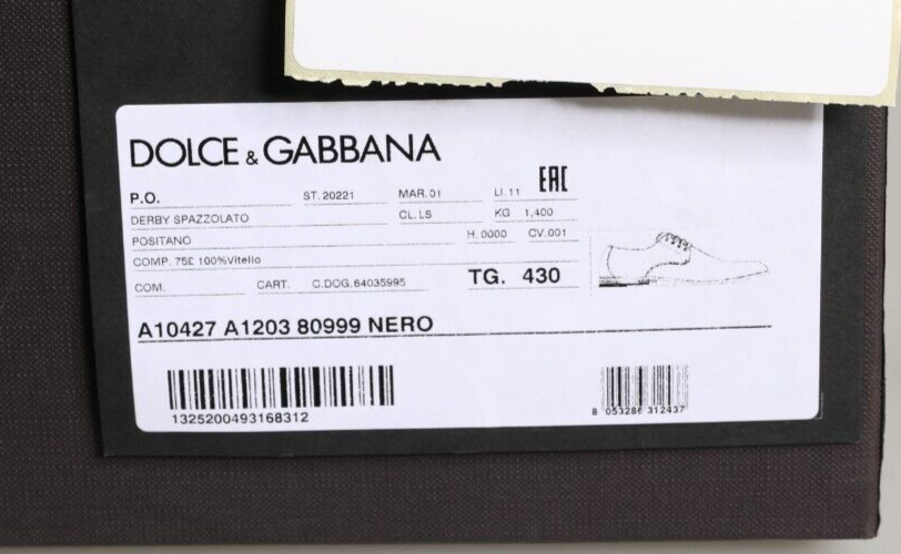 Pre-owned Dolce & Gabbana Shoes Black Calfskin Leather Derby Dress Men Eu43 / Us10 900usd