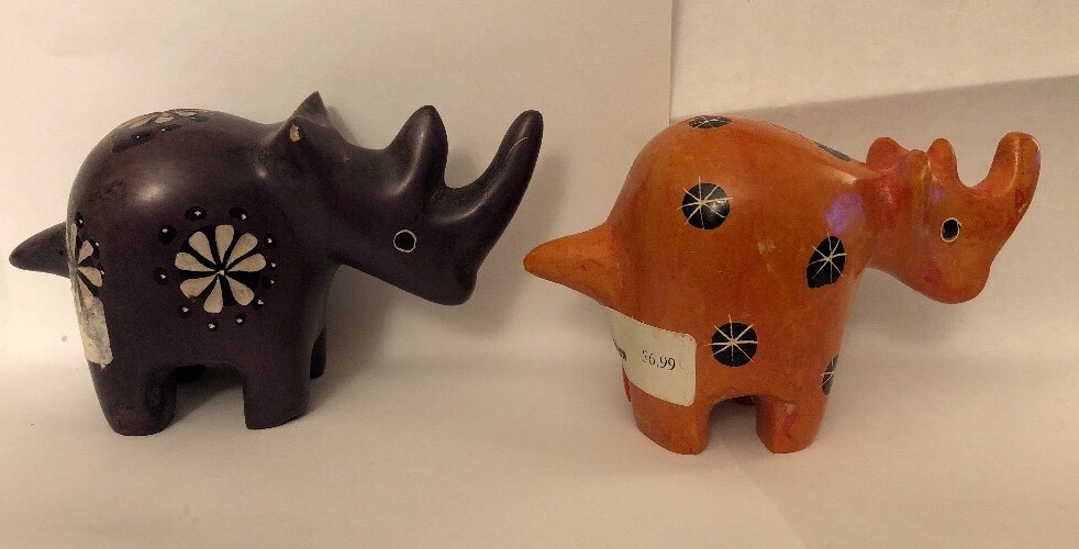 Pair Soapstone Figures Handcrafted Kenya Rhino Purple Orange Lot Of 2