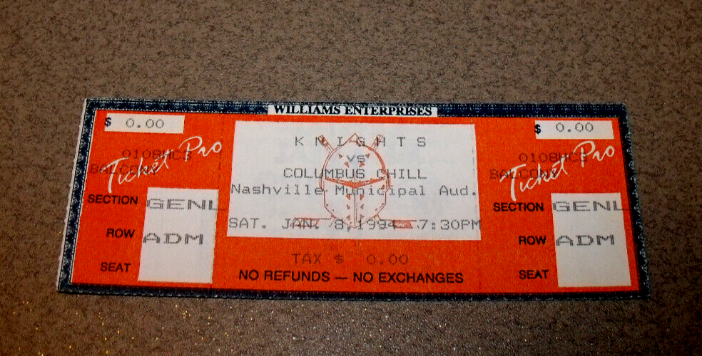 Nashville Knights 1/8/1994 ECHL Minor Hockey Full Ticket Nashville Knights 1/8/1994 ECHL Minor Hockey Full Ticket