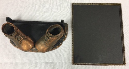 Vintage Baby Shoe Nursery Decor Brass Tone Metal Photo Frame & Stand Rare +