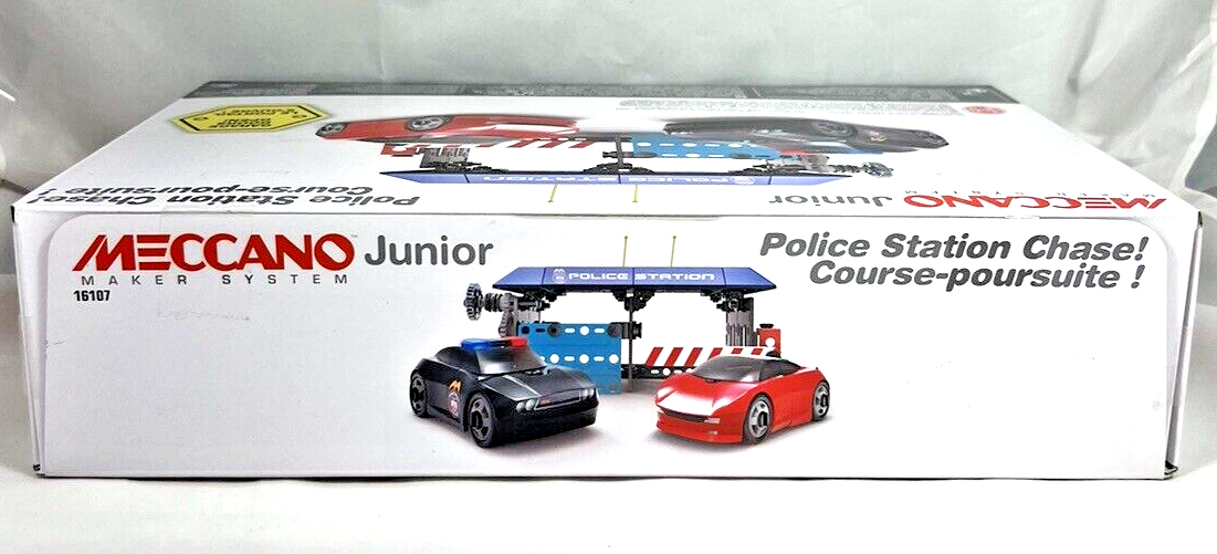 MECCANO JUNIOR ERECTOR SET, POLICE STATION CHASE!, AGES 5 AND UP, DAMAGED BOX.