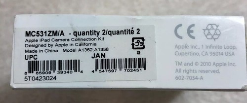 Genuine Apple iPad Camera Connection Kit MC531ZM/A (A1362 & A1358). New