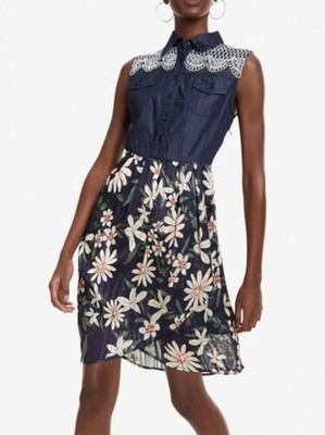 Pre-owned Desigual Women's Denim And Floral Fabric Aloha Dress, Navy/multi, 38