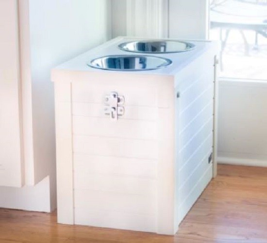 Elevated Dog Food Bowl Set Wooden Large Breed Storage Holder White or Brown