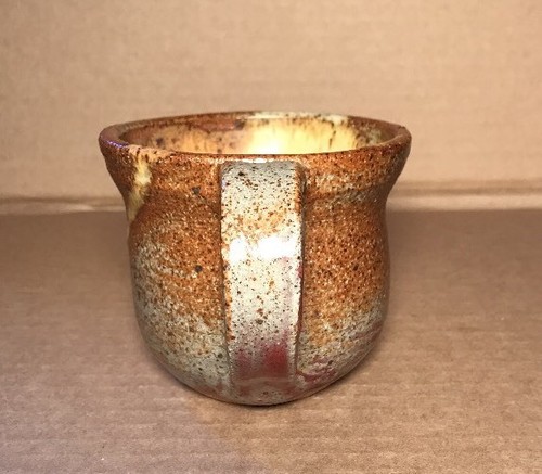 Hand Thrown Pottery Cup 8 Oz Brown Yellow Drip Splash Glaze 3-3/8