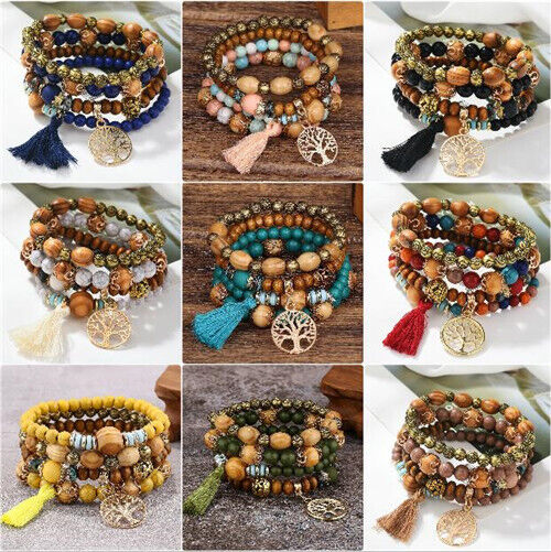 Boho 4pcs/set Multi-layer Tassel Wooden Bead Bracelet Bangle Women Jewelry Gifts