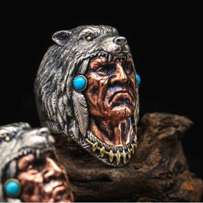 Wolf Head Mens Native Tribal Chief Antique Silver Punk Hip Hop Vintage Ring  
