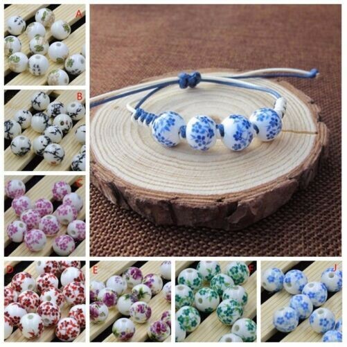 50 X Loose Spacer Beads Charms Floral Porcelain Ceramic Round DIY Jewelry 12mm