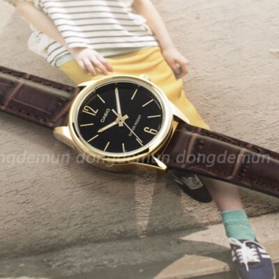 Casio Women's Analog Leather Watch Gold BR/BK Original New LTP-V005GL-1B
