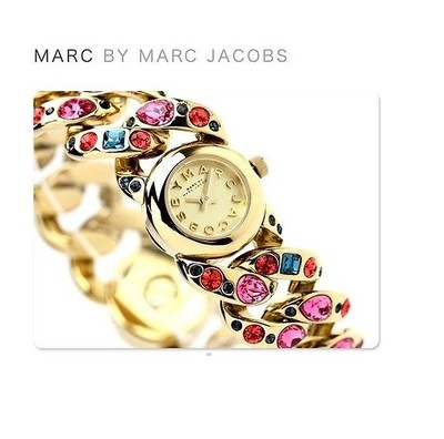 Pre-owned Marc By Marc Jacobs Marc Jacobs Katie Gold Tone Bejeweled Crystal Chain Link+turn Lock Watch Mbm3144