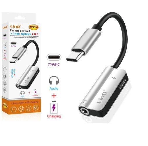 Adattatore 2in1 Da Type-C A Type-C + Jack Audio 3,5mm Linq Av9054