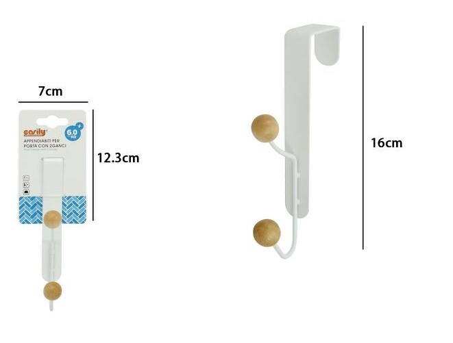 Appendiabiti Appendino Da Porta Metallo Bianco Palline Legno 2 Posti Ganci dfh