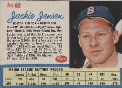 1962 Post - Jackie Jensen #62