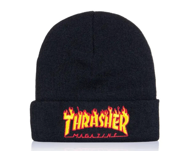 Thrasher Magazine Embroidery Flame Logo Skateboard Beanie Cap Black Men & women