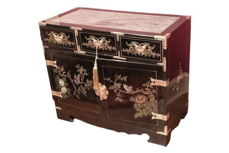 Asian Black Lacquer Hand-Painted Chinoiserie Granite-Top Buffet Server Cabinet