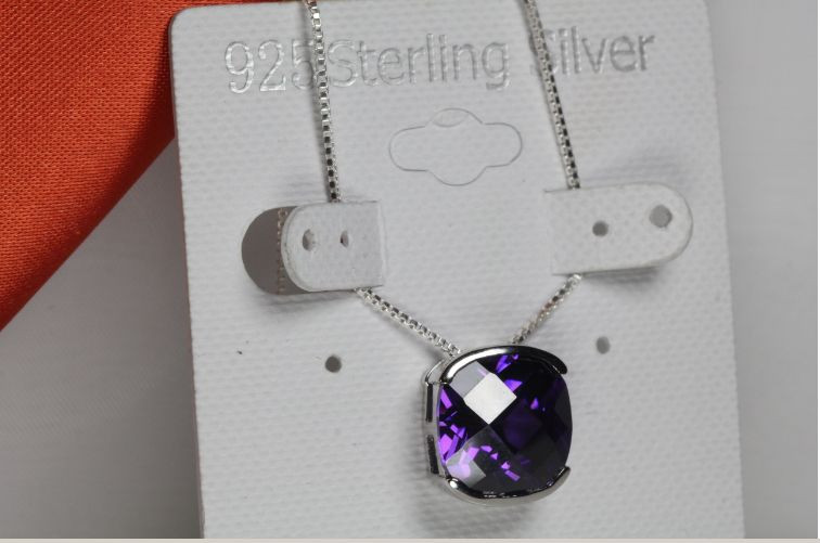 BRILLIANT FACET CUT AMETHYST CZ PENDANT W CHAIN 925 STERLING SILVER MXTU