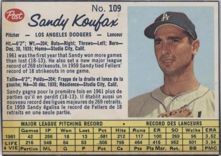 Post Canadian 1962 - Sandy Koufax #109