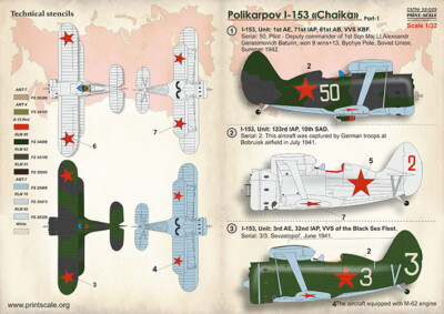 Print Scale 32-025 - 1/32 - Polikarpov I-153 "Chaika" Part 1, decal for aircraft