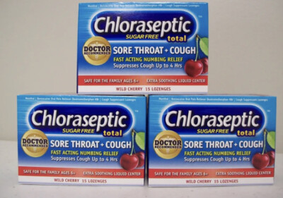 3-Pk CHLORASEPTIC Total SORE THROAT COUGH Sugar Free WILD CHERRY 15 Lozenges