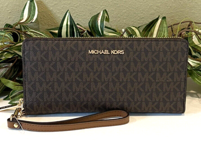 MICHAEL KORS JET SET LARGE TRAVEL CONTINENTAL WALLET BROWN MK SIGNATURE LOGO