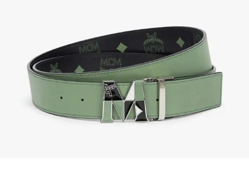 Pre-owned Mcm Claus Reversible Leather Belt 1.5" Loden Frost/black Logo/epoxy $390