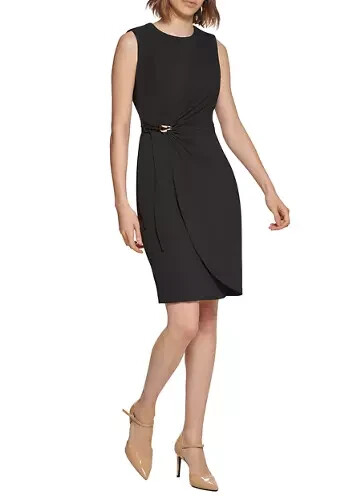 New Size 12 Calvin Klein Elegant Black Sheath Dress Faux Wrap Easy Fit NWT