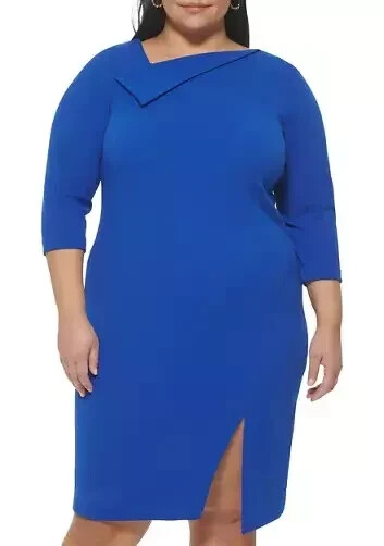 New Calvin Klein Fold Over REGATTA Crepe 3/4 Sleeve Sheath Dress Plus Size 16W