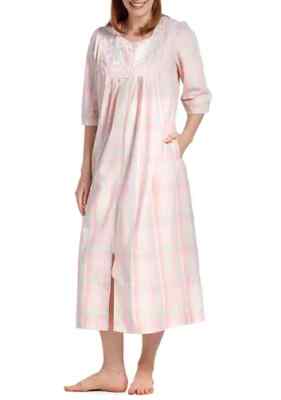 Miss Elaine Seersucker Long Robe SMALL Peach Plaid Zip Embroidered Housecoat