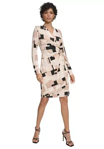 New! CALVIN KLEIN Black-Beige Long Sleeve Printed V-Neck Sheath Dress size 6