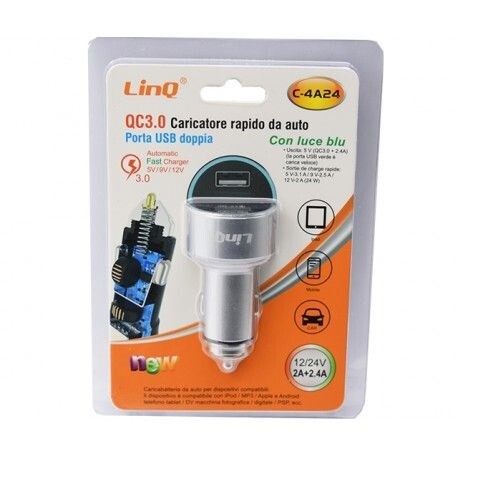 Caricabatterie Alimentatore Da Auto 2 Usb 2A+2.4A Con Luce Blu Linq C-4A24