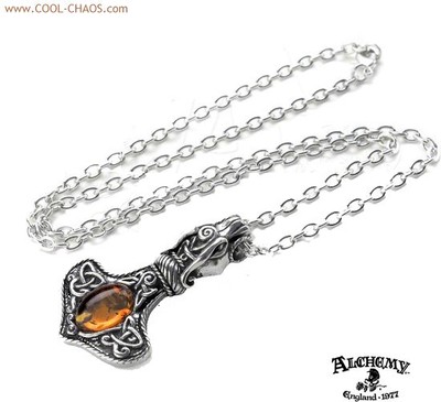 Amber Cabochon Pewter Thor Hammer Celtic Pewter Necklace