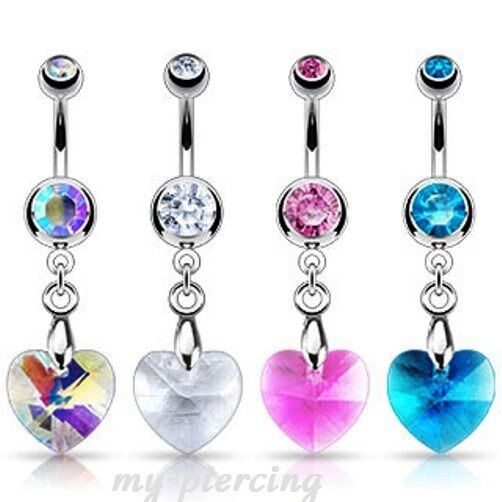 14ga~3/8" 316l Steel Double Gems With Crystal Ray Prism Heart Dangle Navel Ring 