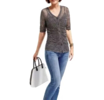 Cabi Pebble Ruched Top Sheer Printed Short Sleeves Black Tan Sz XS