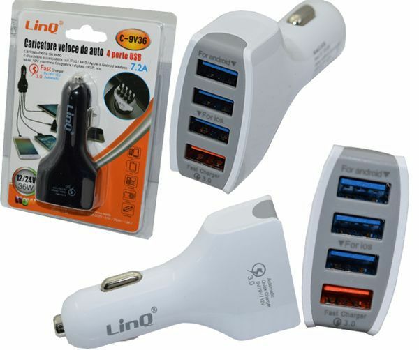 Caricabatteria Da Auto Ricarica Veloce 4 Porte Usb 5v 9v 12v 7.2a Linq C-9v36