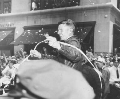Flier Douglas Wrong Way Corrigan rides up Broadway in open car dur .. Old Photo