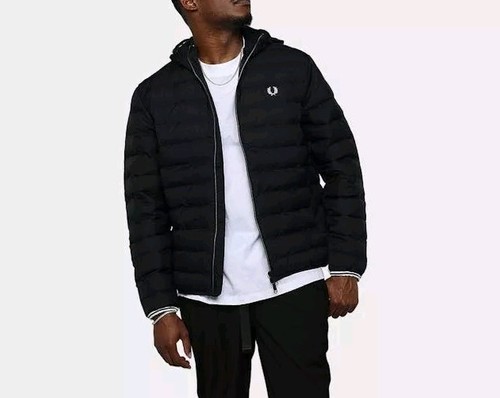Pre-owned Fred Perry Mens 2xl Xxl Black Insulated Hooded Jacket Puffer Coat White Zipper