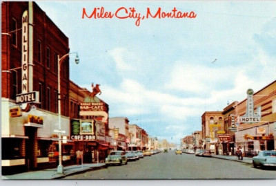 MILES CITY, MONTANA POSTCARD Street Scene, Main Street, Range Riders Bar-Cafe