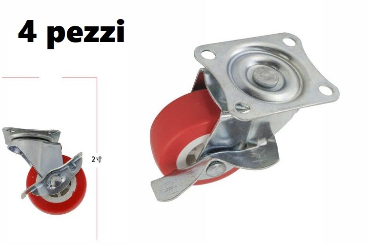 Set 4 Ruota Ricambio Rotella Carrelli Mobili Staffa Girevole Freno Rossa 2" dfh