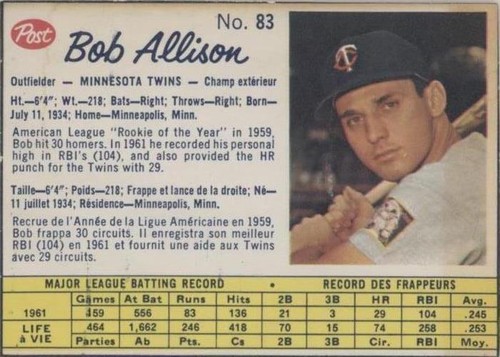 1962 Post Canadian - Bob Allison #83