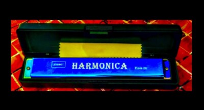 yuemei 24 hole HARMONICA in case+polishing cloth.mouth organ,(not a toy)blue,New