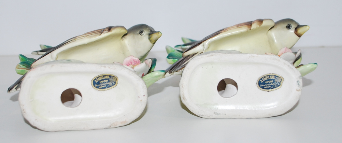 Pretty Pair of Ceramic Figurines Swallows Birds Floral Fairyland Import Japan