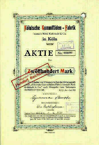 KÃ¶Lnische GummifÃ¤Den Fabrik KÃ¶Ln Deutz Hist. Aktie 1921 Vorm. F. Kohlstadt Nrw