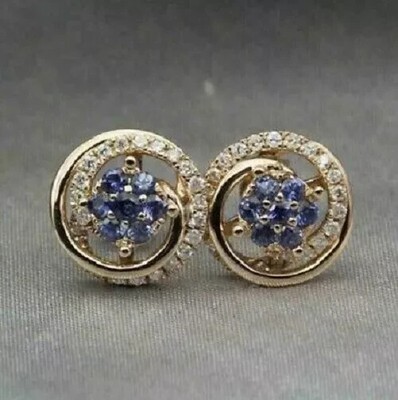 1.20Ct Round Lab-Created Tanzanite Stud Women's Earrings 14k Yellow Gold Plated