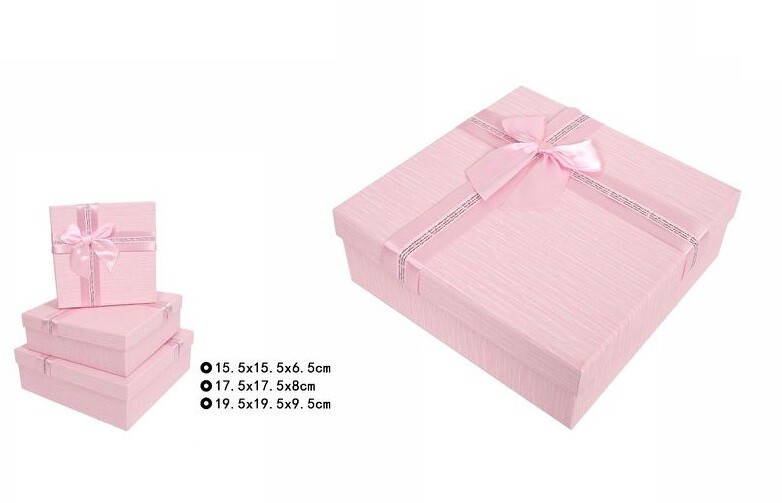 Set 3 Pezzi Scatole Box Per Regali Varie Misure Quadrate Rosa Con Fiocco dfh