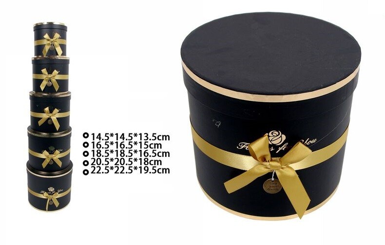 Set 5 Pezzi Scatole Box Per Regali Varie Misure Matrioska Rotonde Nere dfh
