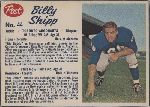 1962 Post Cereal CFL Billy Shipp #44