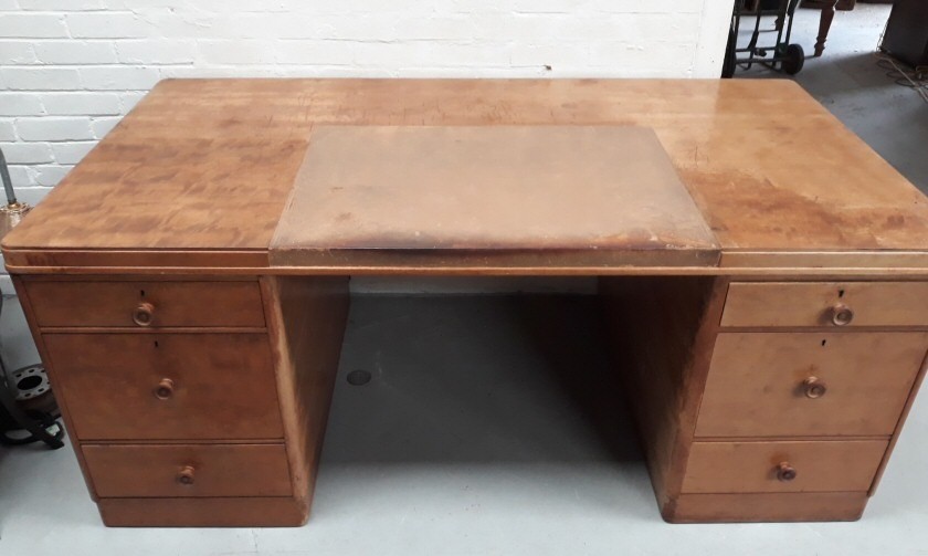 Large 6ft Vintage 1950’s Gimson & Slater Teak Pedestal Desk With Six