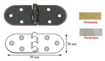 Cerniera per ante a biscotto senza fermo in ottone 30x80 mm ottonata nichelata